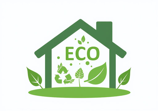 logo features house eco symbols including recycle signs environmentally friendly