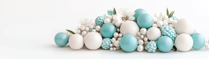 Capture A heartfelt Mother's Day moment emphasizing celebration, joy, and shared memories with this serene and elegant arrangement of white and turquoise decorative spheres and small white flowers