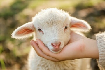 Naklejka premium Soft lamb gently cradled in hand outdoors.