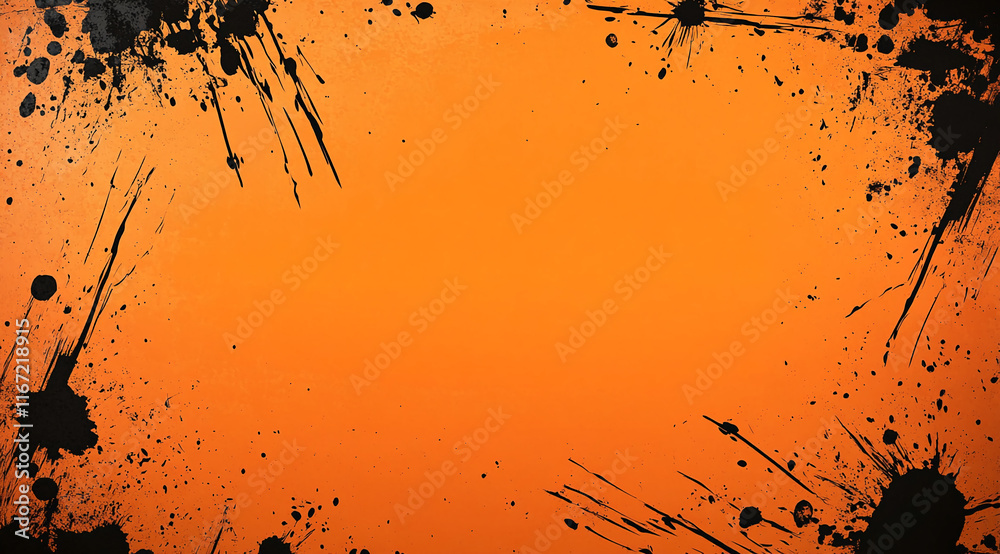 Poster Orange background with black paint splashes around the edges, creating a vibrant and dynamic design.