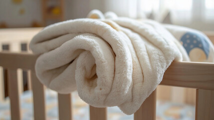 A close-up of a plush baby blanket folded over the edge of a wooden crib with soft pastel bedding.