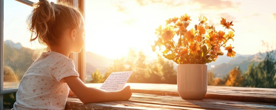 Capture the beauty of a heartwarming moment in a tender scene where a mother receives a heartfelt letter from her children, the room bathed in the golden light of a Mother's Day sunset Witness the
