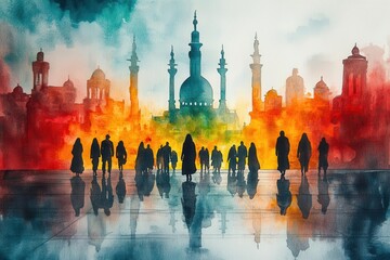 artistic watercolor illustration celebrating saudi national day featuring vibrant colors and iconic cultural symbols blending tradition and modernity in a festive and respectful manner