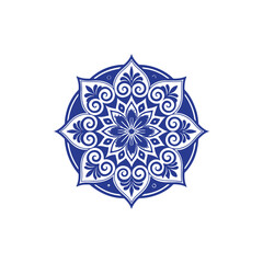 Top view of a ceramic plate showcasing a detailed floral mandala design in vibrant orange and teal colors, isolated on white background.