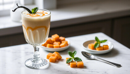 A sophisticated image showcasing embellished coffee beverages in intricate glassware, adorned with caramel and mint leaves, expressing elegance and indulgence for a luxurious culinary experience.