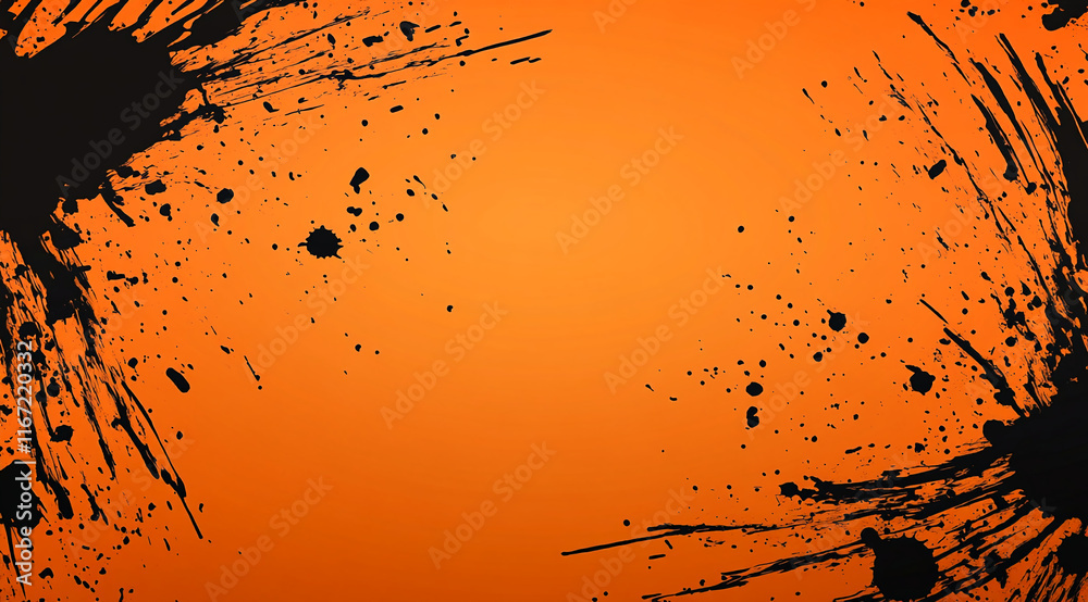 Poster orange background with dynamic black paint splashes for an artistic, energetic effect.