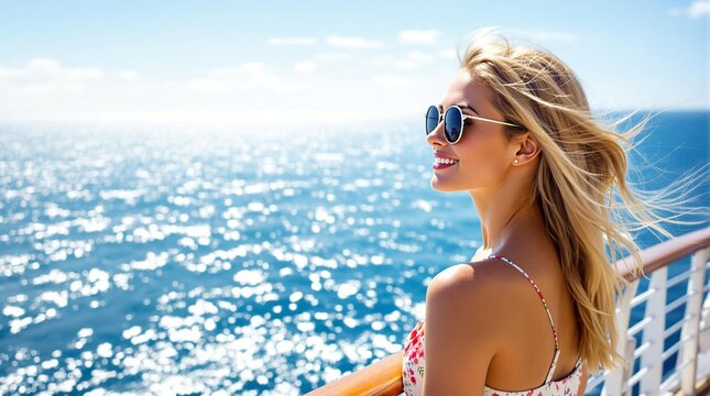 Ocean Breeze Escape: A young woman enjoys the refreshing ocean breeze on a cruise ship, her blonde hair flowing freely in the wind.  The image evokes a sense of freedom, relaxation, and adventure. 