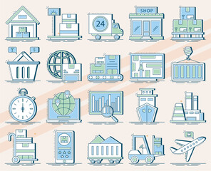 Set of vector icons related to logistics and transportation including trucks cargo and delivery services