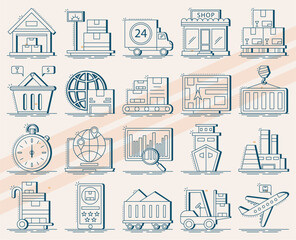 More vector icons related to logistics and delivery services featuring trucks cargo and shipping elements