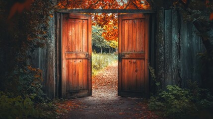 Autumnal Gateway: An Open Door to a Serene Forest Path
