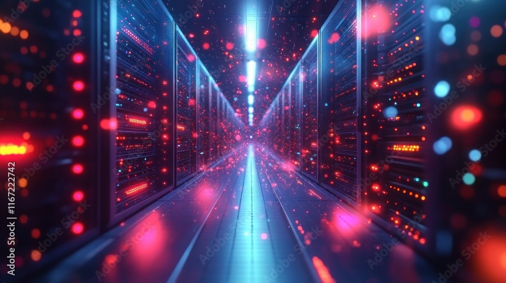 Poster futuristic data center with neon lights and server racks emphasizing cloud computing and data connec