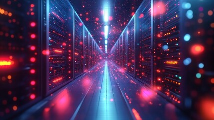 Obraz premium Futuristic Data Center with Neon Lights and Server Racks Emphasizing Cloud Computing and Data Connectivity