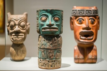 Ancient carved artifacts, diverse styles, display case.