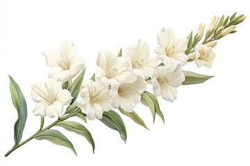 A detailed illustration of white gladiolus flowers with green leaves.