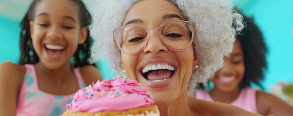 Celebrate a joyful Mothers Day moment, with multiple generations bonding over a shared hobby during the celebration of baking A multigenerational family joyfully decorates a cupcake with pink