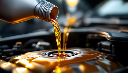 Motor Oil Pouring into Car Engine, Car Oil Change, Close-up View, Refilling Engine Oil, Car Maintenance