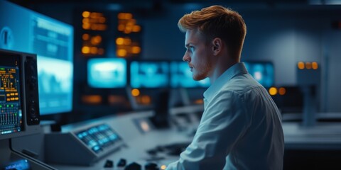Focused male operator in a control room setting. Surrounded by digital screens, he monitors critical data. The image captures a high-tech environment. Ideal for tech and innovation themes. AI
