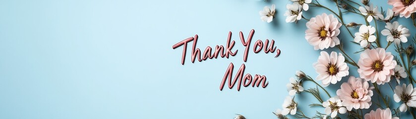 Celebrate Mother's Day with a gentle blend of spring's fresh blooms and heartfelt gratitude, captured in a serene scene of wildflowers and a sky that is radiant, featuring a handwritten Thank You