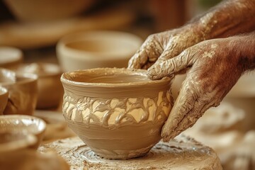 Clay bowl creation; hands shaping wet earth.