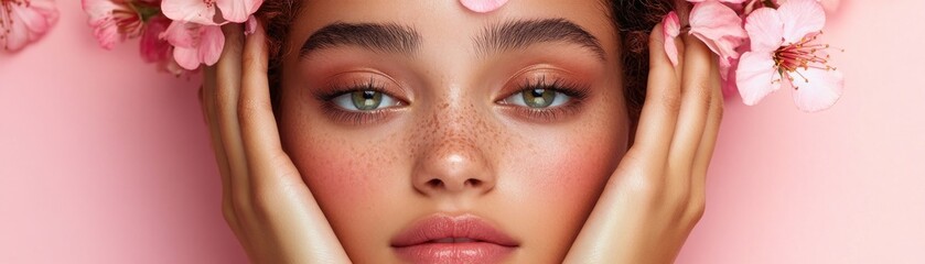 Fototapeta premium Celebrate Mother's Day with a radiant display of love and beauty, featuring a delicate arrangement of pink flowers framing a woman's face This vibrant celebration of Mothers Day with a bold, colorful