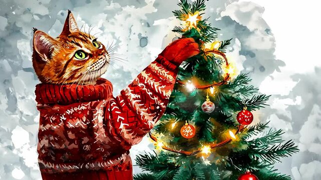 cat with a Christmas tree on a white background. Selective focus