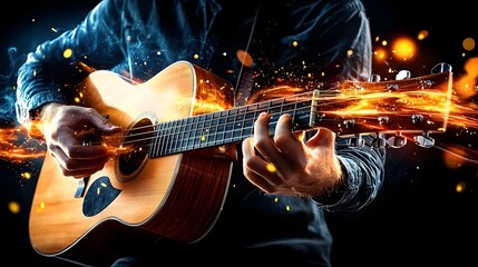 Obraz premium Talented Musician Passionately Playing Acoustic Guitar with Warm Blurred Background