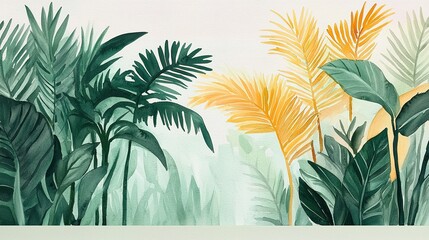 Lush tropical foliage with green and yellow leaves creates a vibrant, serene atmosphere, perfect for nature-themed decor or artwork.