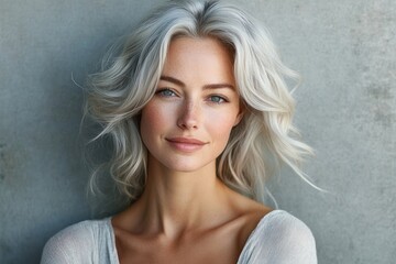 Naklejka premium Serene Portrait of Mature Woman with Silver Hair in Minimalist Style Skincare Beauty Concept