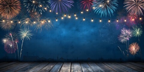 Happy new year clelebration with firewors in night sky