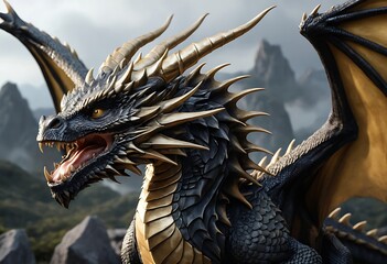 Obraz premium Powerful Black Dragon with Golden Accents, Ready for Adventure. Generative AI