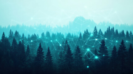 digital network overlay on serene forest silhouette creates futuristic and tranquil scene, blending nature with technology