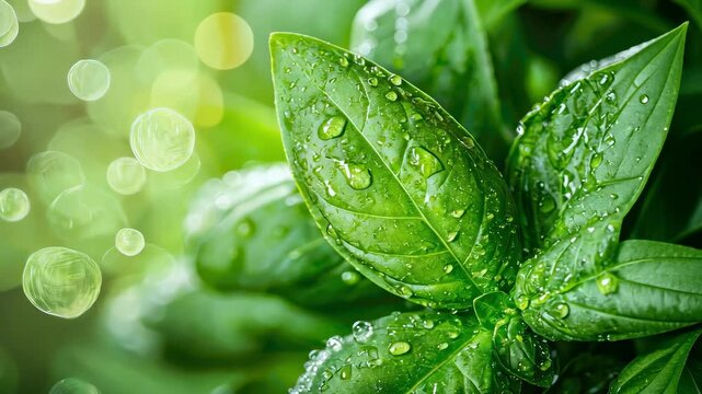 close-up of drops on basil. Selective focus