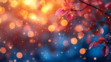 Red Autumn Leaves Glowing With Sparkling Lights