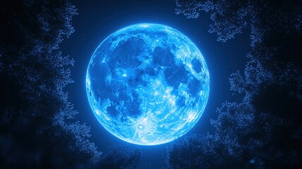 A glowing blue moon framed by dark trees in a serene night sky.
