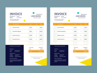 Abstract modern colorful business invoice template. color variation creative invoice Template Paper Sheet Include Accounting, Price, Tax, and Quantity. With color variation Vector illustration of Fina