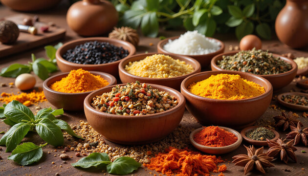 Colorful exotic spices in ceramic bowls on kitchen spice rack, culinary delight