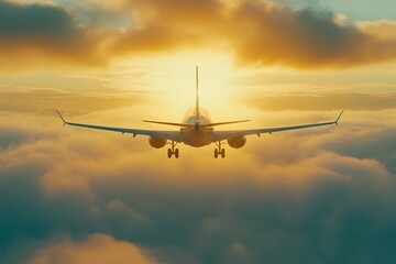 Fototapeta premium Golden Horizon: Airplane in Flight Against a Stunning Sunset with Soft Clouds and Radiant Light Behind, Capturing the Essence of Travel and Adventure