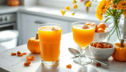 An inviting summer arrangement showcasing fresh apricot juice and cut fruits on a sunlit table, perfect for conveying healthy living, culinary aspirations, and vibrant themes of nature's abundance.

