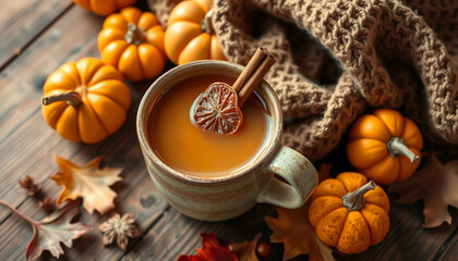 Warm autumnal atmosphere featuring a flavorful pumpkin latte, surrounded by seasonal fruits, spices, and pumpkins.

