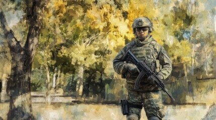 Fototapeta premium Army sniper during the military operation in the mountain. war 