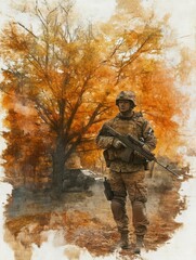 Obraz premium Army sniper during the military operation in the mountain. war 