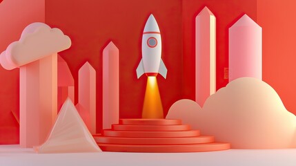 A futuristic rocket launches from a geometric landscape with clouds and tall structures, set against a vibrant red background.