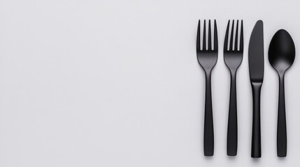 A set of black utensils arranged neatly on a light background.
