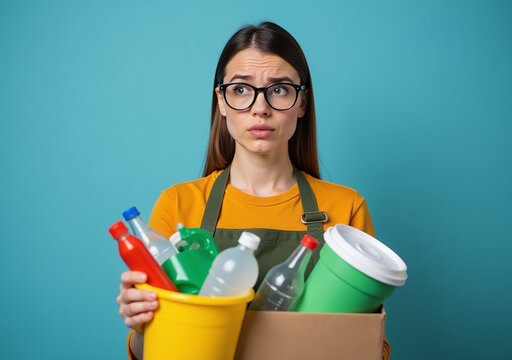 woman holds trash sorts recyclables looks puzzled amidst environmental issues blurred blue