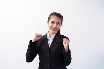 Happy Beautiful asian young Business woman on a white background. Asian female company worker celebrating victory cheerful