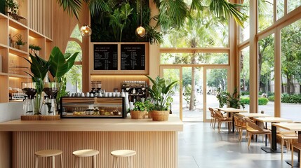 Biophilic design urban minimalism concept. Modern café interior with natural elements and large windows.