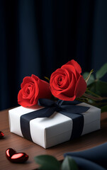 Fototapeta premium red rose and gift box on black background