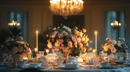 A cozy holiday room with a decorated Christmas tree, candles on a table, and a warm fireplace creating a festive atmosphere with lights, gifts, and winter decorations