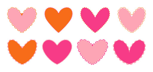 Valentine Scalloped edge heart shapes set. hand drawn vintage frill ornament. Fabric laces and ribbons frame. Heart shape frame badge set.