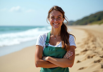 woman volunteers beach cleaning recycling earth day proudly arms crossed community service climate change